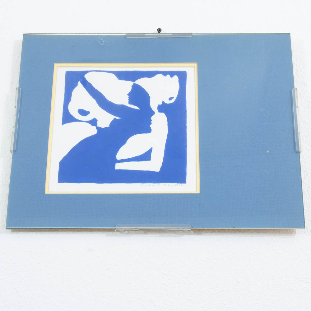 Mid Century Modern Framed Escher Style Negative Space Art Print Blue White 1978 - Image 6