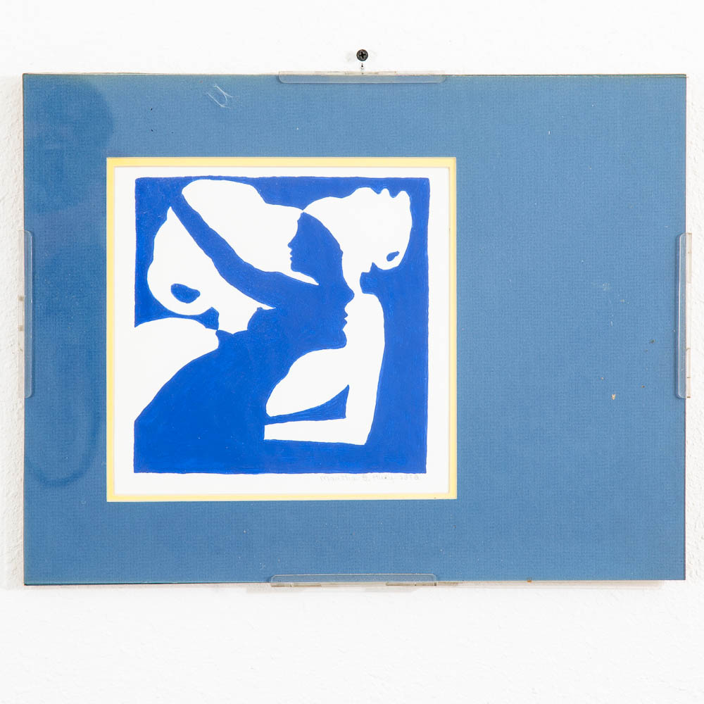 Mid Century Modern Framed Escher Style Negative Space Art Print Blue White 1978