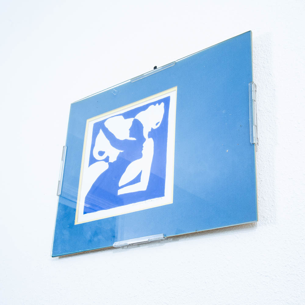 Mid Century Modern Framed Escher Style Negative Space Art Print Blue White 1978 - Image 4