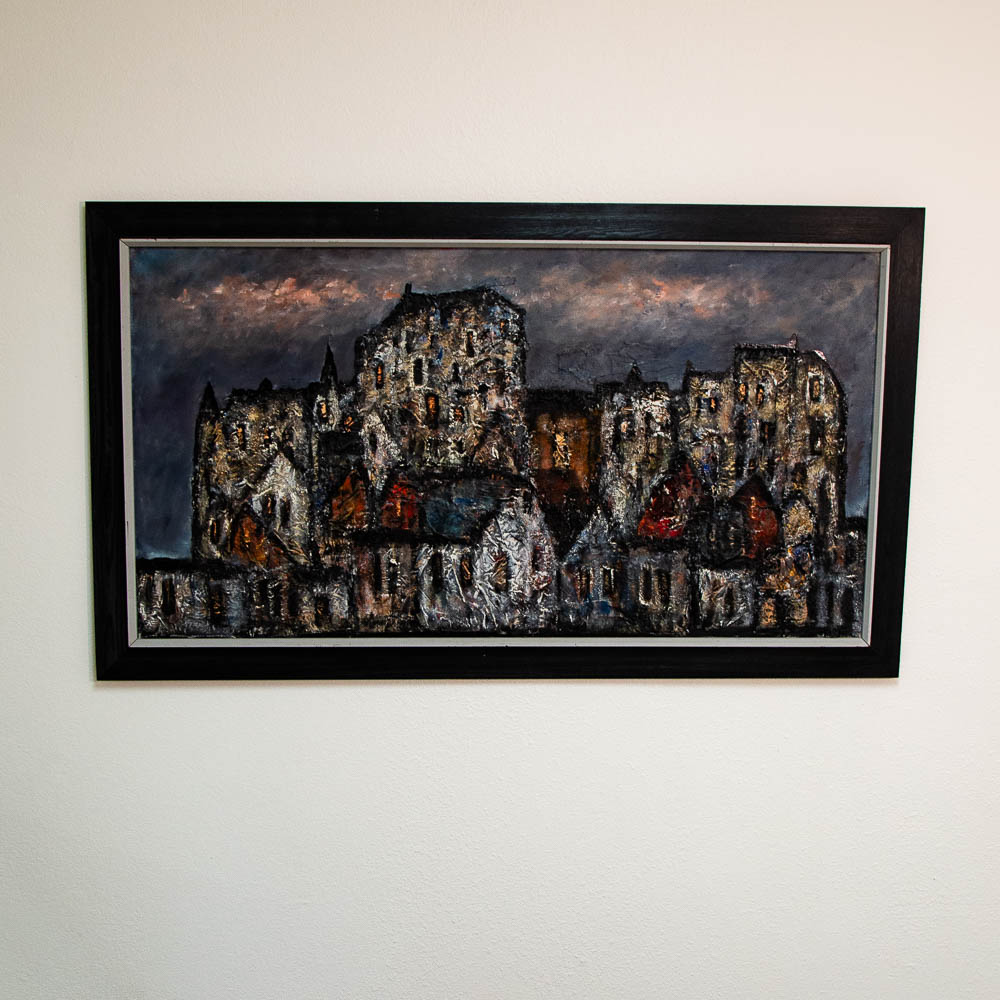 Mid Century Modern Art Original Abstract Expressionism Landscape Buildings Painting