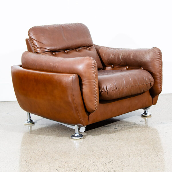 Mid Century Modern Lounge Chair Cognac Brown Caramel Leather Vintage Chrome Mcm