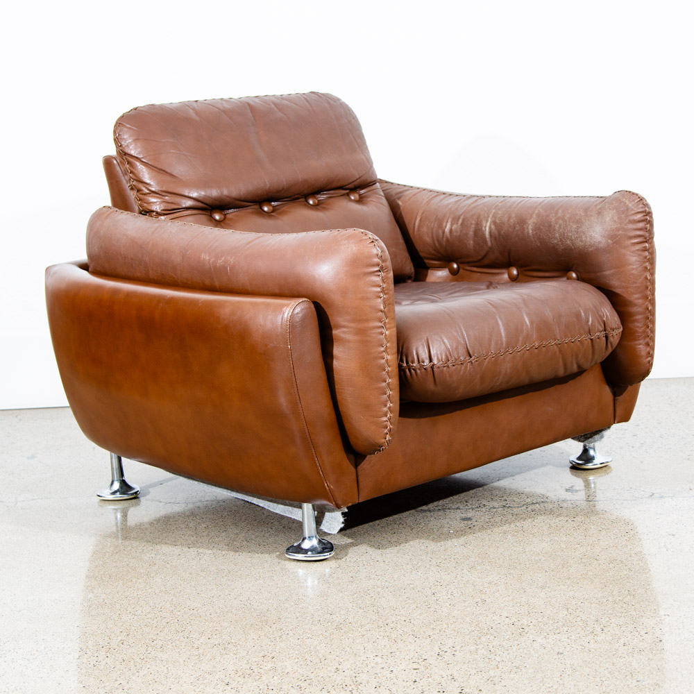 Mid Century Modern Lounge Chair Cognac Brown Caramel Leather Vintage Chrome Mcm