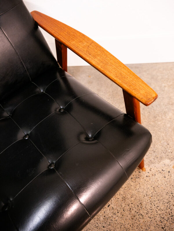 Mid Century Danish Modern Armchair Lounge Chair Teak Black Leather Tufted Mcm - Image 7
