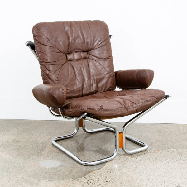 Mid Century Danish Modern Lounge Chair Brown Leather Ingmar Relling Westnofa Arm