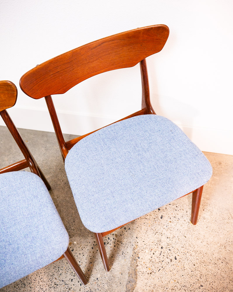 Mid Century Danish Modern Dining Chairs 6 Solid Teak Denmark Blue Tweed Fabric - Image 7
