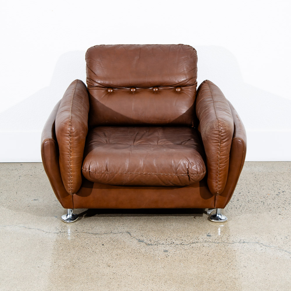 Mid Century Modern Lounge Chair Cognac Brown Caramel Leather Vintage Chrome Mcm - Image 2