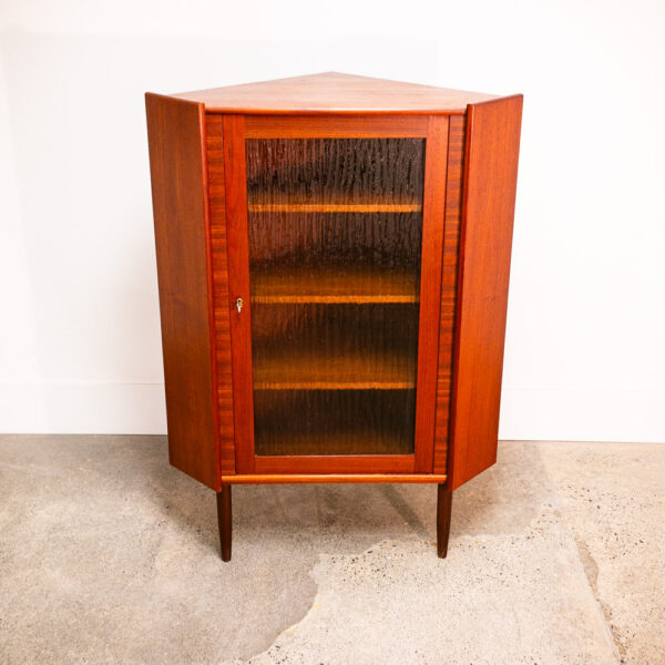 Mid Century Danish Modern Corner Cabinet Teak Wood Bar Denmark Glass Display Mcm