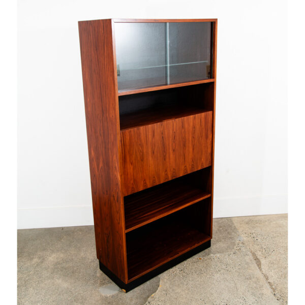 Mid Century Danish Modern Bookshelf Cabinet Rosewood Glass Doors Drop Down Mcm
