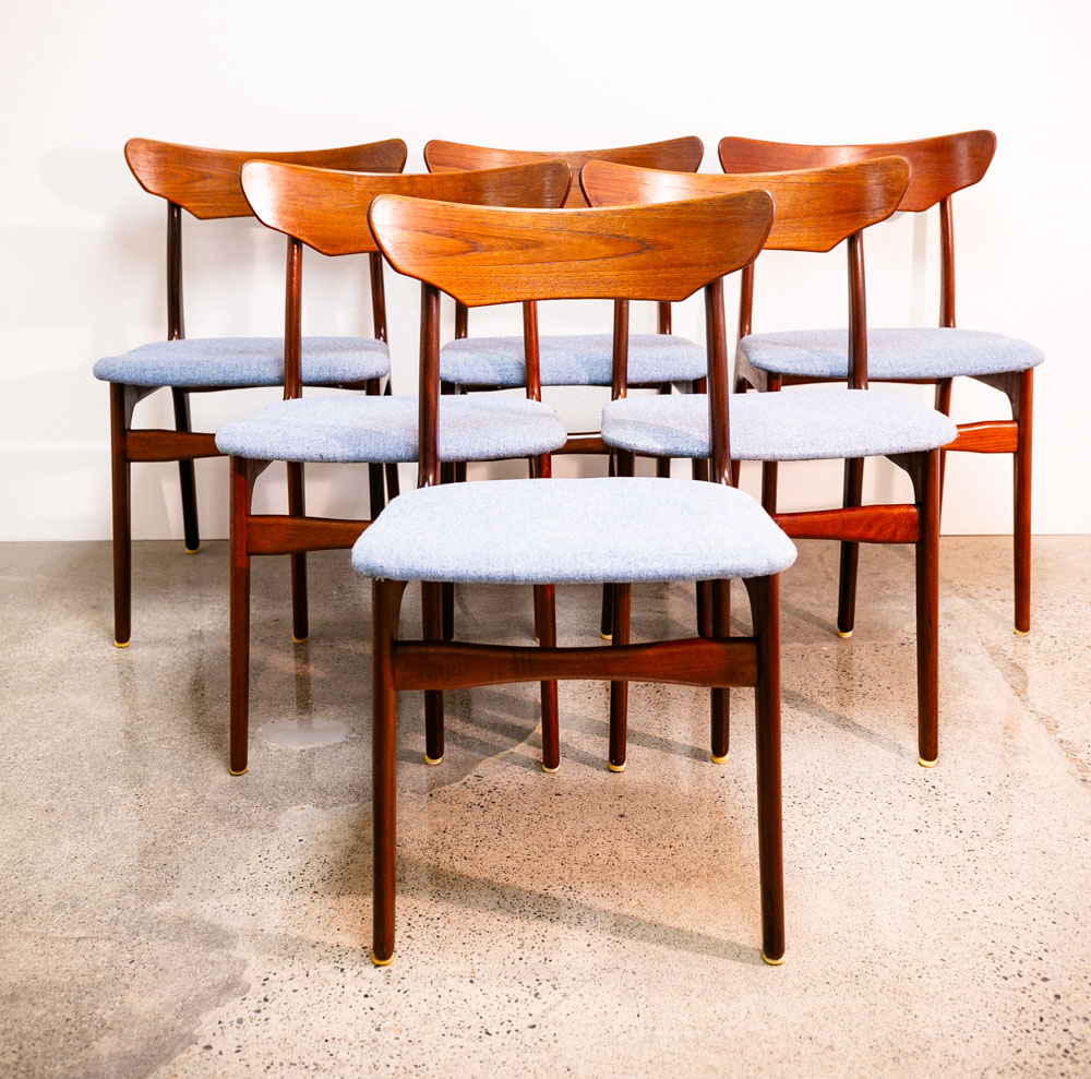 Mid Century Danish Modern Dining Chairs 6 Solid Teak Denmark Blue Tweed Fabric - Image 8