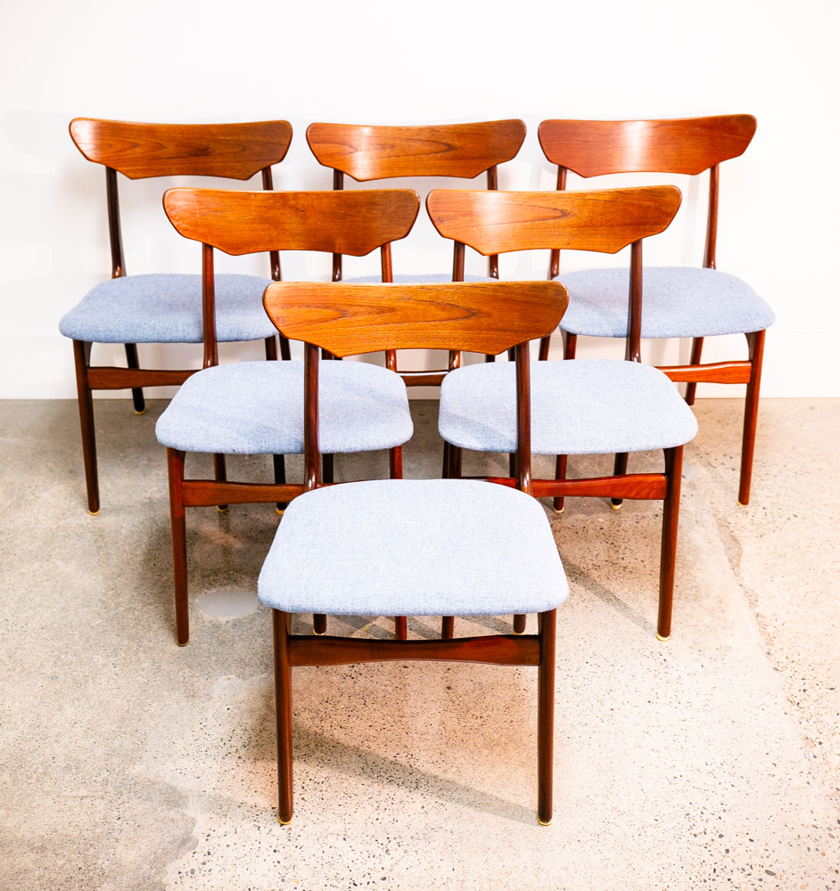 Mid Century Danish Modern Dining Chairs 6 Solid Teak Denmark Blue Tweed Fabric - Image 10