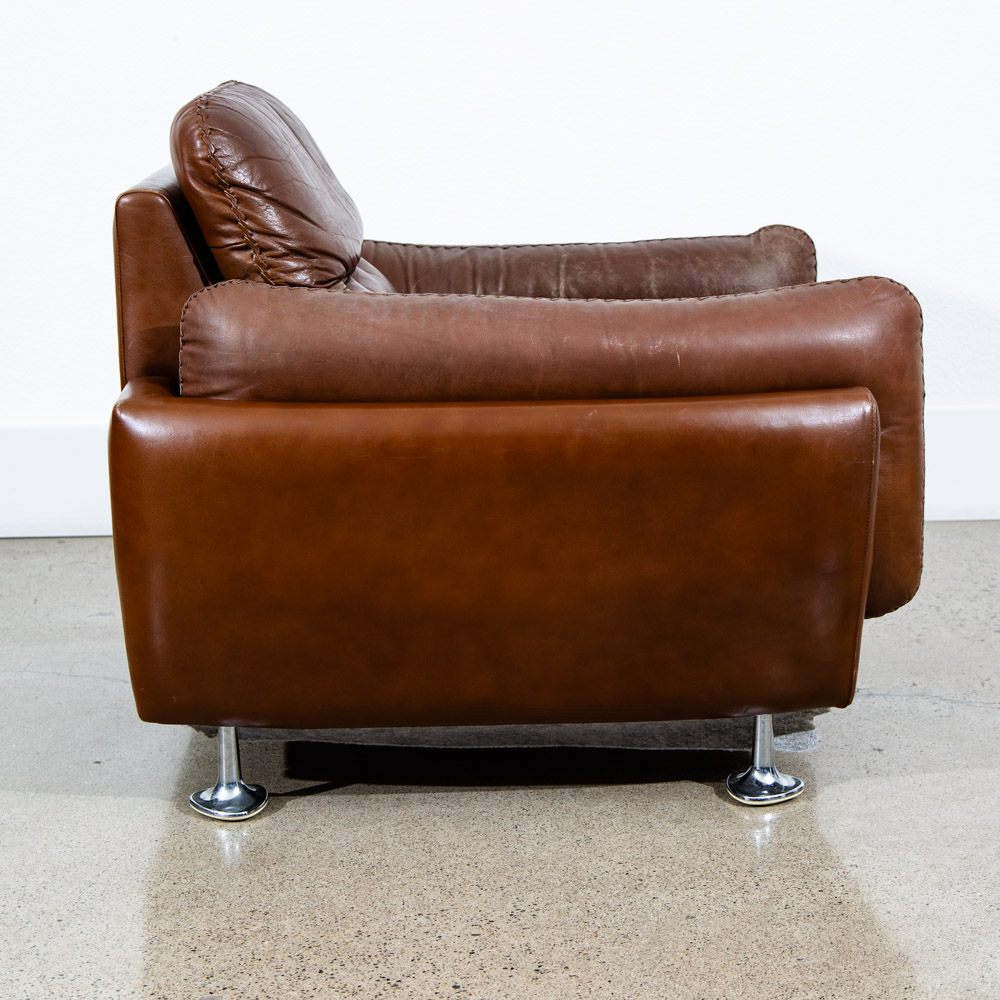 Mid Century Modern Lounge Chair Cognac Brown Caramel Leather Vintage Chrome Mcm - Image 4