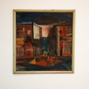 Mid Century Modern Danish Painting Art Abstract landscape Frame Cityscape Square