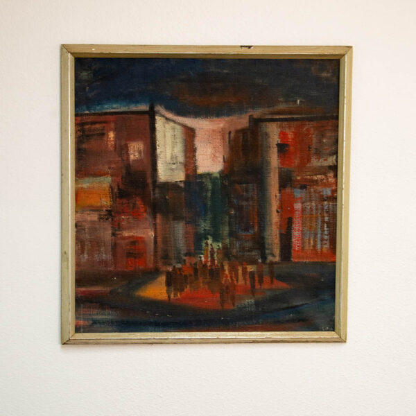 Mid Century Modern Danish Painting Art Abstract landscape Frame Cityscape Square