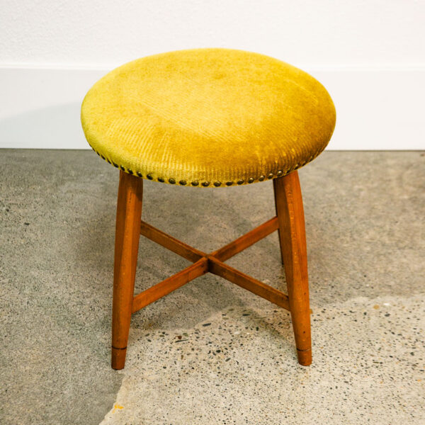Mid Century Modern Stool Green Danish Vintage Round 70s Mohair Seat Solid Wood
