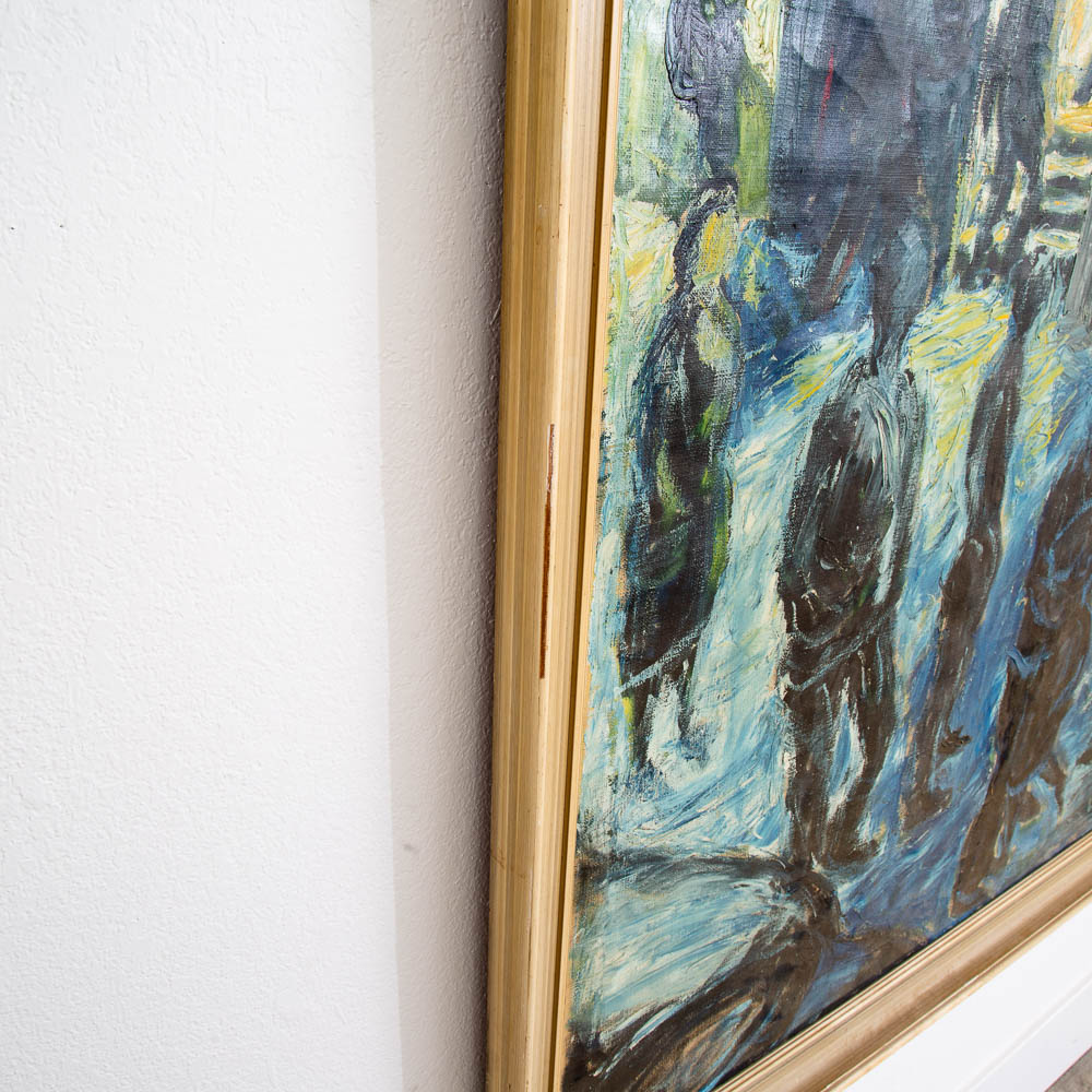 Mid Century Modern Original Art Painting Abstracted Figures Blue Oil Painting - Image 10
