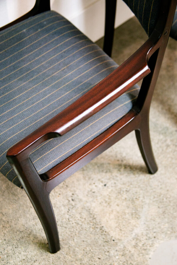Mid Century Danish Modern Dining Chairs Set 2 Pair Armchair Mahogany Striped NM - Image 9