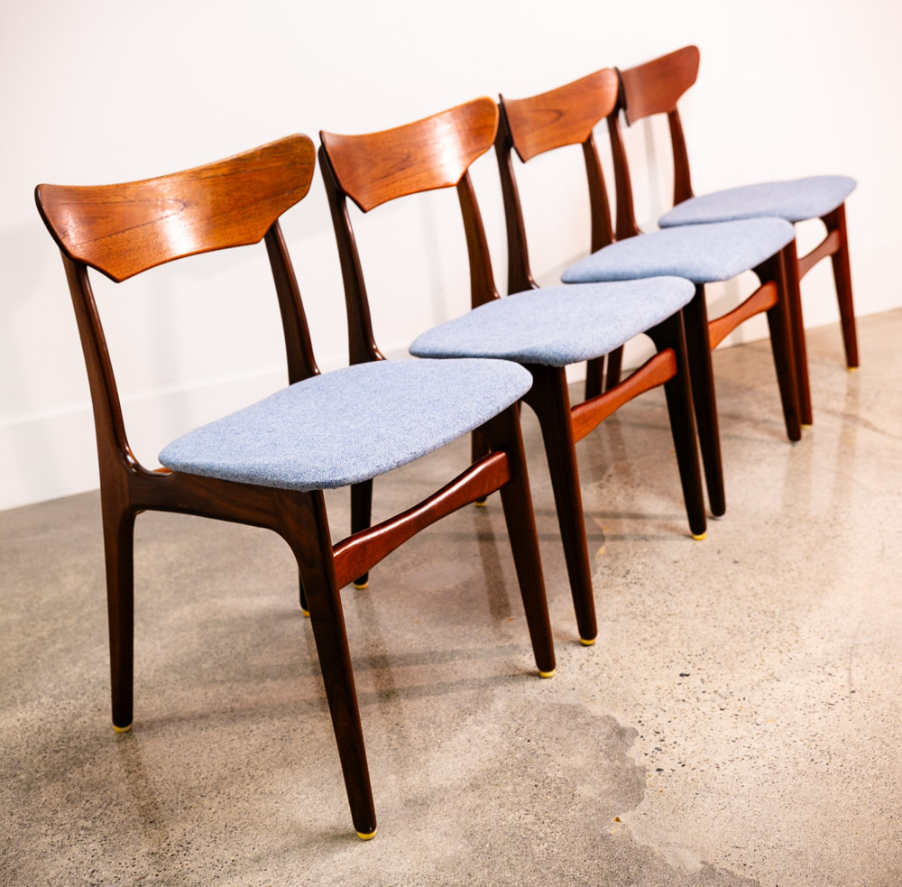 Mid Century Danish Modern Dining Chairs 6 Solid Teak Denmark Blue Tweed Fabric - Image 9