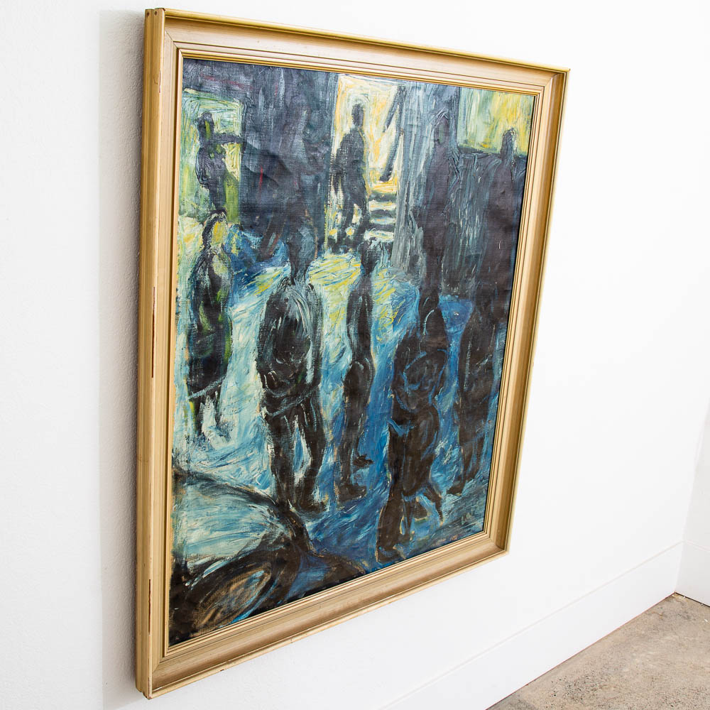 Mid Century Modern Original Art Painting Abstracted Figures Blue Oil Painting - Image 3