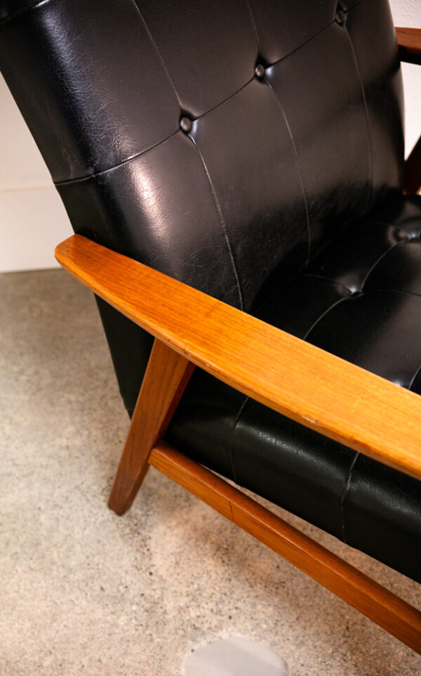 Mid Century Danish Modern Armchair Lounge Chair Teak Black Leather Tufted Mcm - Image 8