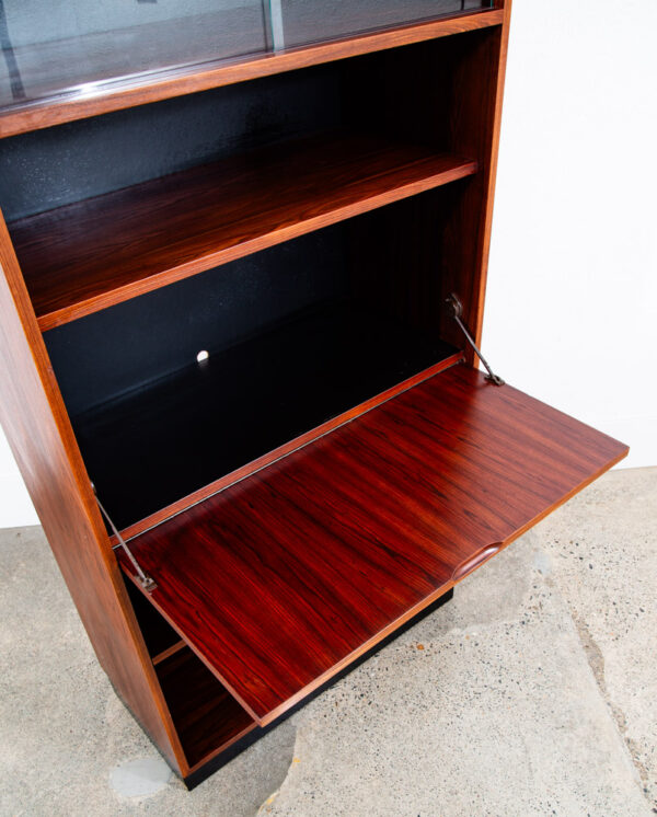 Mid Century Danish Modern Bookshelf Cabinet Rosewood Glass Doors Drop Down Mcm - Image 7