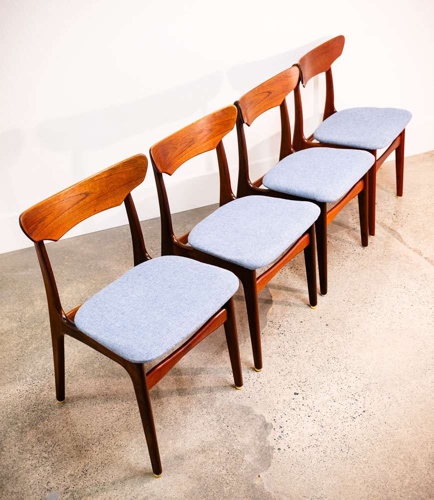 Mid Century Danish Modern Dining Chairs 6 Solid Teak Denmark Blue Tweed Fabric - Image 2