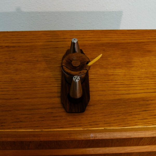 Mid Century Danish modern Salt Pepper Shaker Set Sugar, Spoon, & Rosewood Tray - Image 3
