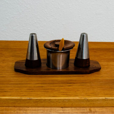 Mid Century Danish modern Salt Pepper Shaker Set Sugar, Spoon, & Rosewood Tray