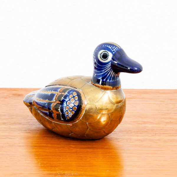 Mid Century Modern Blue and Gold Ceramic Duck Decretive Table Decor Sculpture