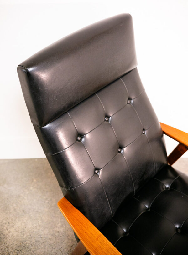 Mid Century Danish Modern Armchair Lounge Chair Teak Black Leather Tufted Mcm - Image 12