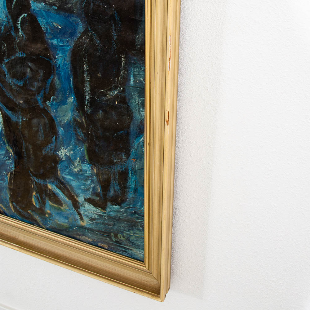 Mid Century Modern Original Art Painting Abstracted Figures Blue Oil Painting - Image 6