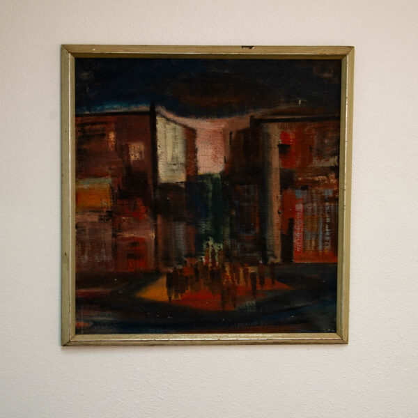 Mid Century Modern Danish Painting Art Abstract landscape Frame Cityscape Square - Image 7