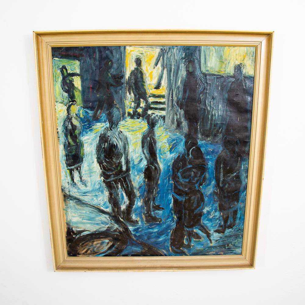Mid Century Modern Original Art Painting Abstracted Figures Blue Oil Painting - Image 9