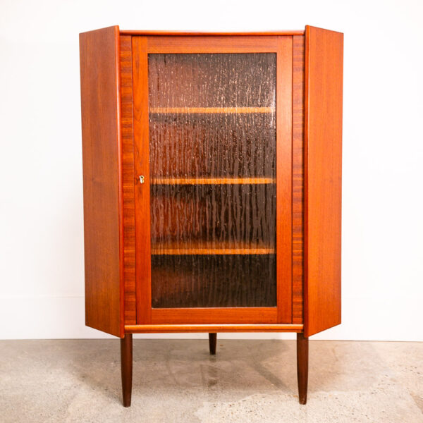 Mid Century Danish Modern Corner Cabinet Teak Wood Bar Denmark Glass Display Mcm - Image 2