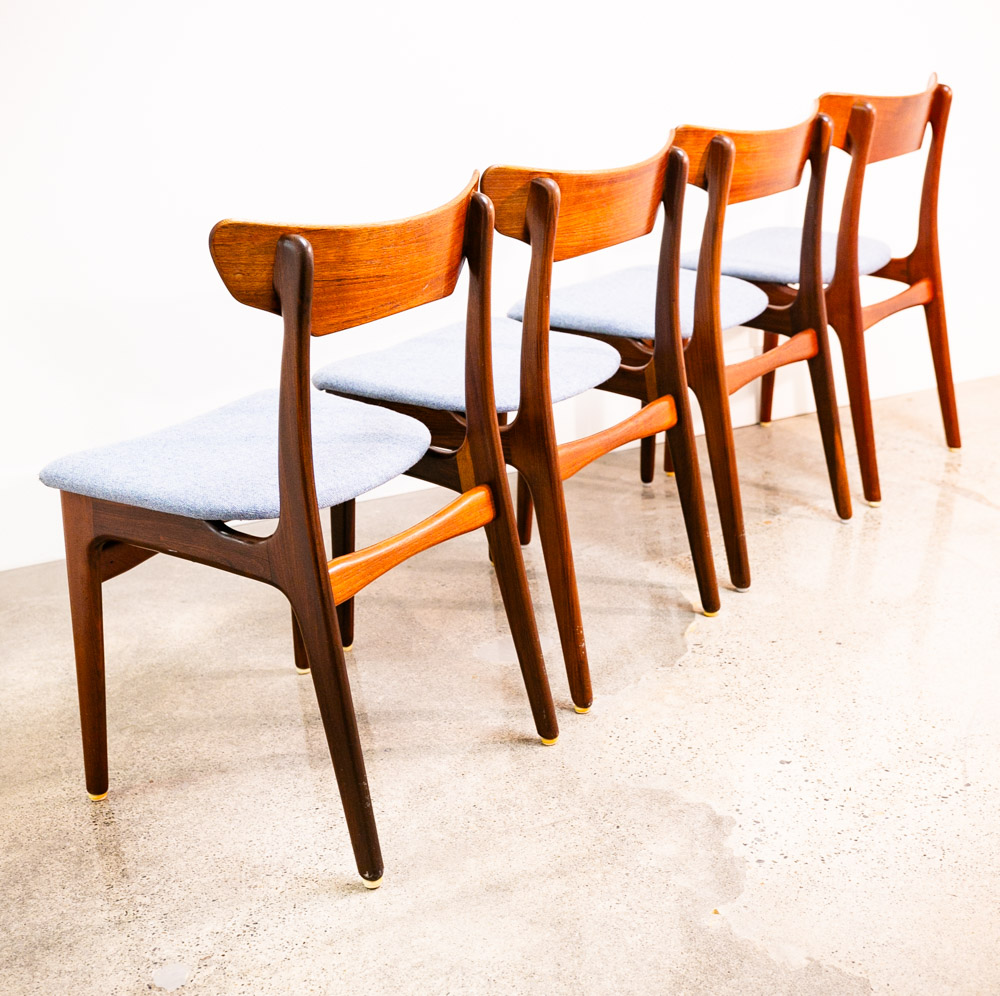 Mid Century Danish Modern Dining Chairs 6 Solid Teak Denmark Blue Tweed Fabric - Image 3