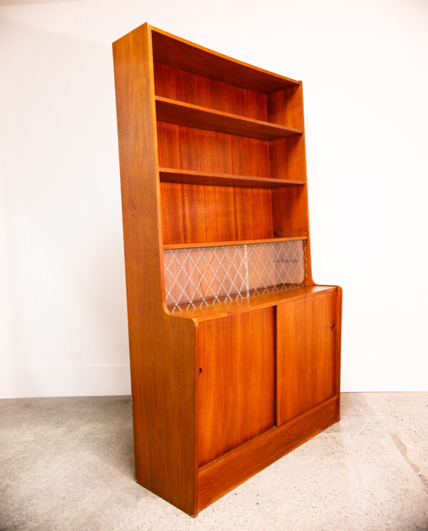 Mid Century Danish Modern Credenza Bookshelf Cabinet Teak Shelves Glass Doors NM - Image 2