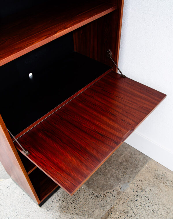Mid Century Danish Modern Bookshelf Cabinet Rosewood Glass Doors Drop Down Mcm - Image 11