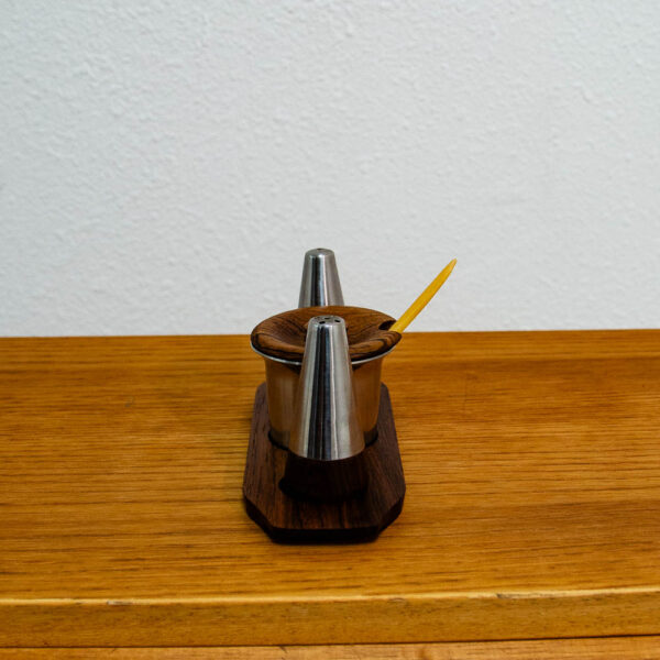 Mid Century Danish modern Salt Pepper Shaker Set Sugar, Spoon, & Rosewood Tray - Image 2
