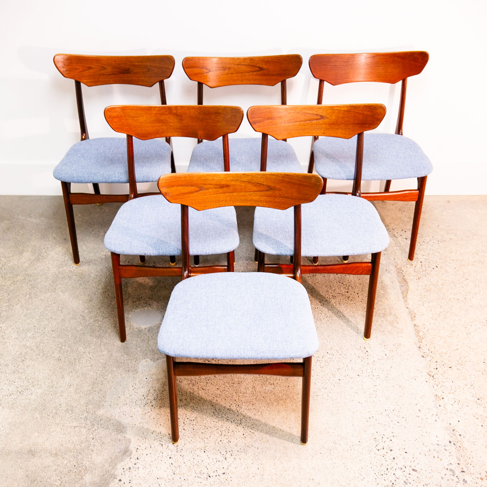 Mid Century Danish Modern Dining Chairs 6 Solid Teak Denmark Blue Tweed Fabric