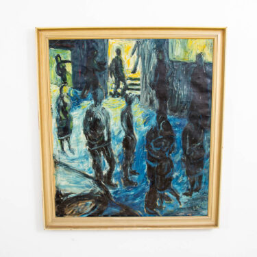 Mid Century Modern Original Art Painting Abstracted Figures Blue Oil Painting
