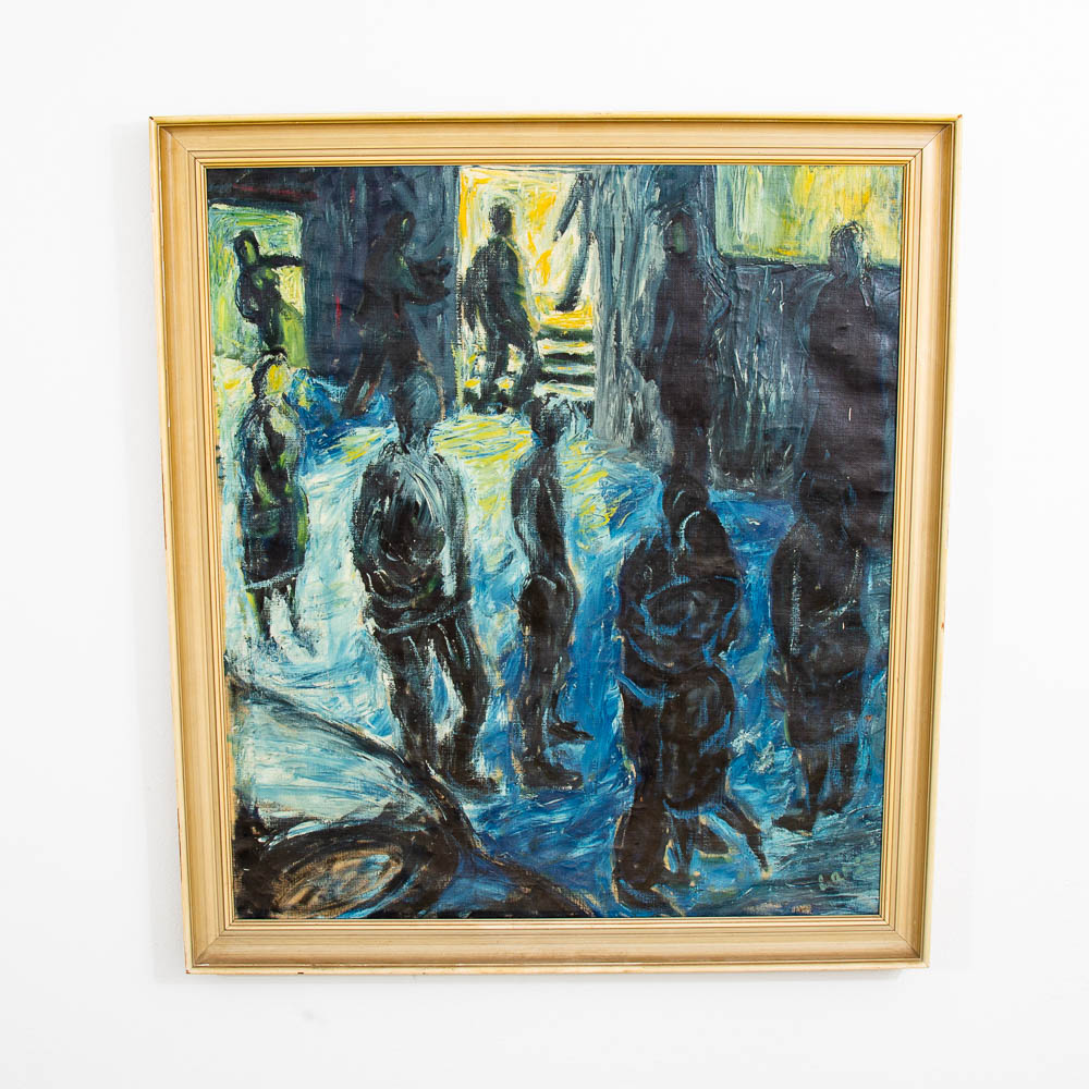 Mid Century Modern Original Art Painting Abstracted Figures Blue Oil Painting