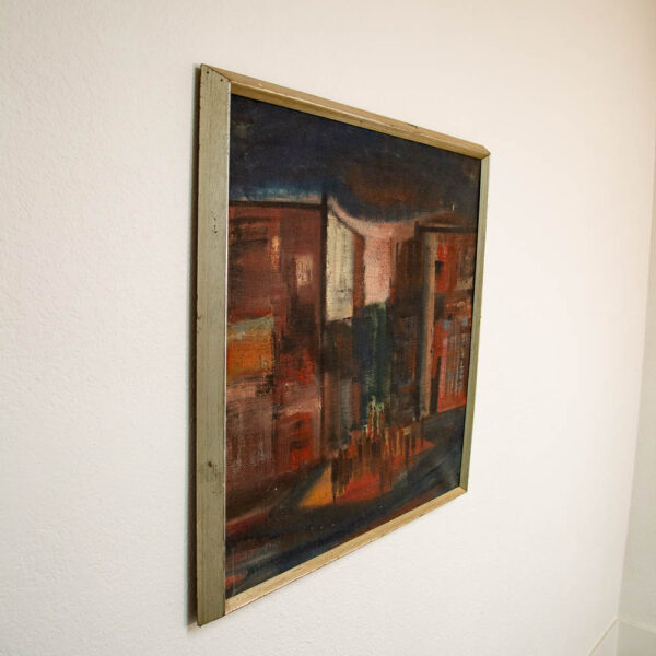Mid Century Modern Danish Painting Art Abstract landscape Frame Cityscape Square - Image 2