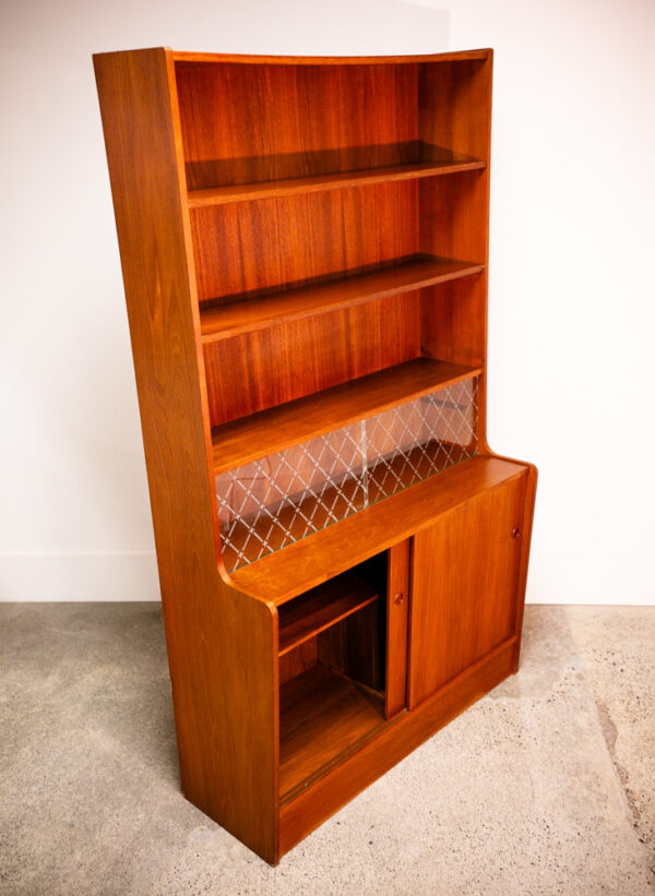 Mid Century Danish Modern Credenza Bookshelf Cabinet Teak Shelves Glass Doors NM