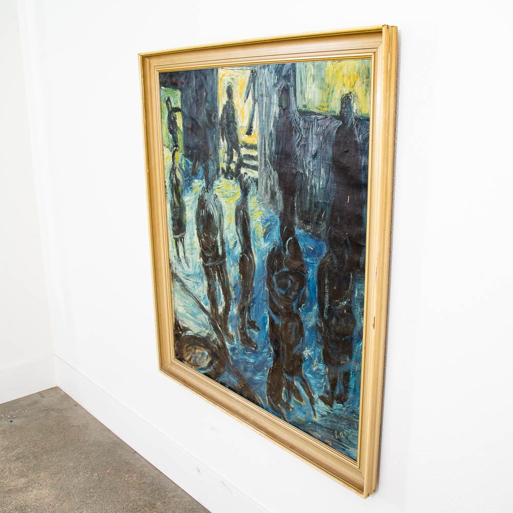 Mid Century Modern Original Art Painting Abstracted Figures Blue Oil Painting - Image 2