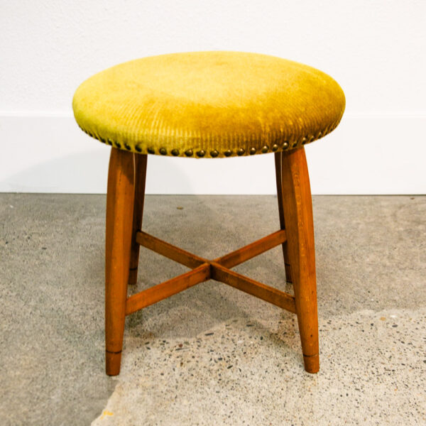 Mid Century Modern Stool Green Danish Vintage Round 70s Mohair Seat Solid Wood - Image 4