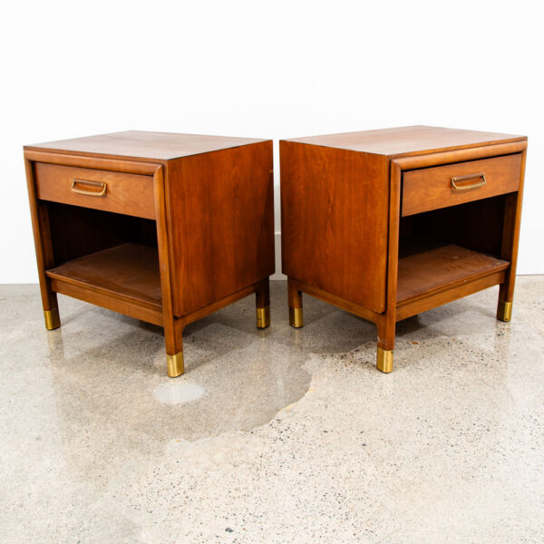 Mid Century Modern Nightstands End Side Table Drawer Walnut Vintage Drexel Brass