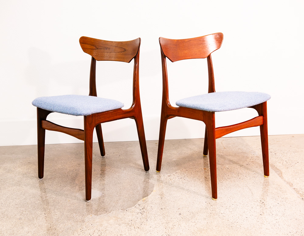 Mid Century Danish Modern Dining Chairs 6 Solid Teak Denmark Blue Tweed Fabric - Image 4
