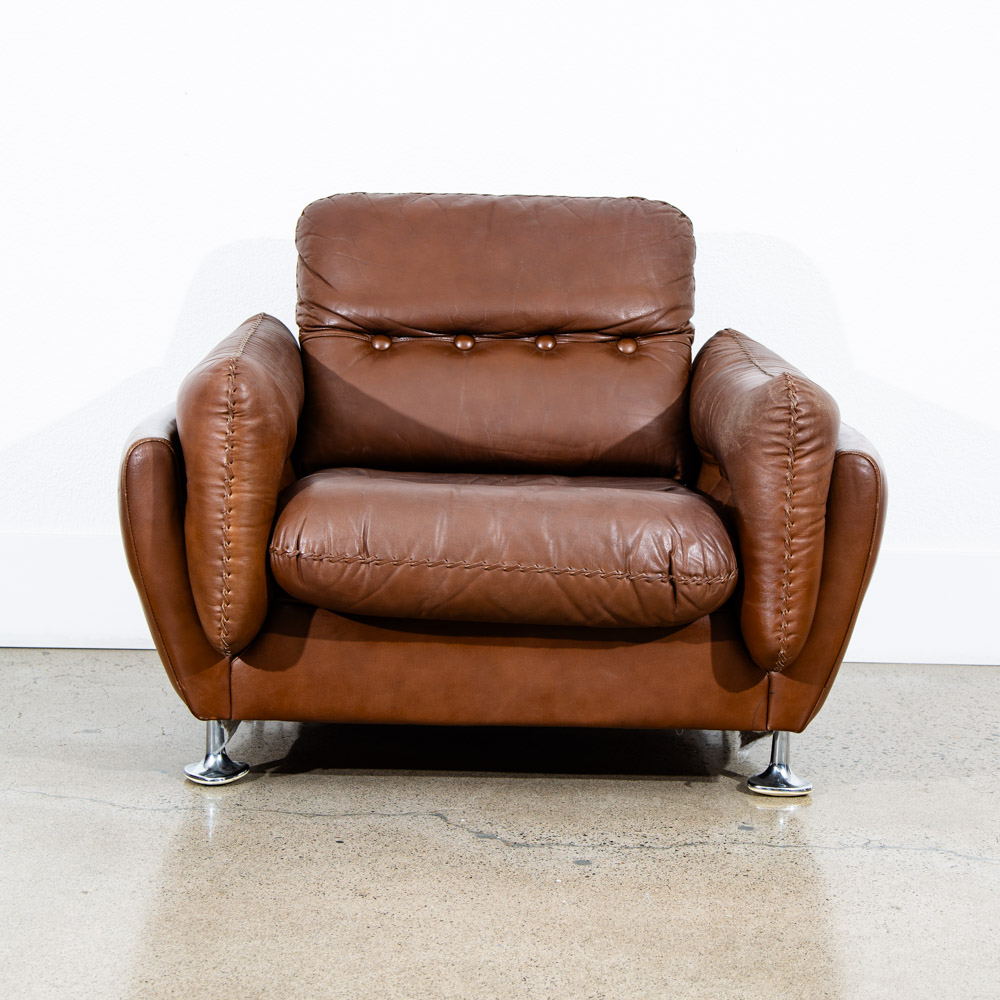 Mid Century Modern Lounge Chair Cognac Brown Caramel Leather Vintage Chrome Mcm - Image 6