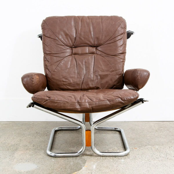 Mid Century Danish Modern Lounge Chair Brown Leather Ingmar Relling Westnofa Arm - Image 2