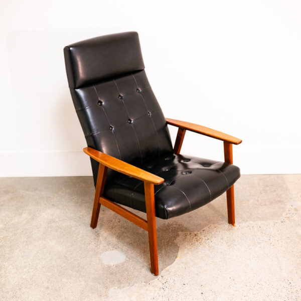 Mid Century Danish Modern Armchair Lounge Chair Teak Black Leather Tufted Mcm