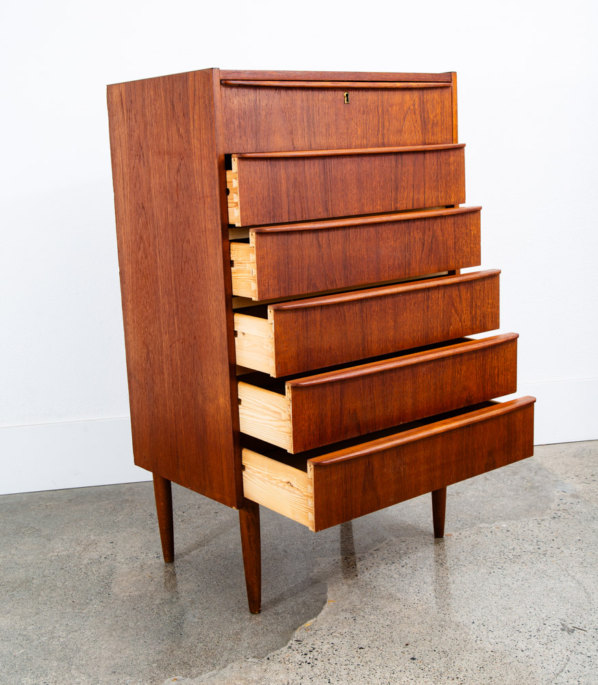 Mid Century Danish Modern Dresser Highboy 6 Drawer Teak Denmark Locking Compact - Image 5